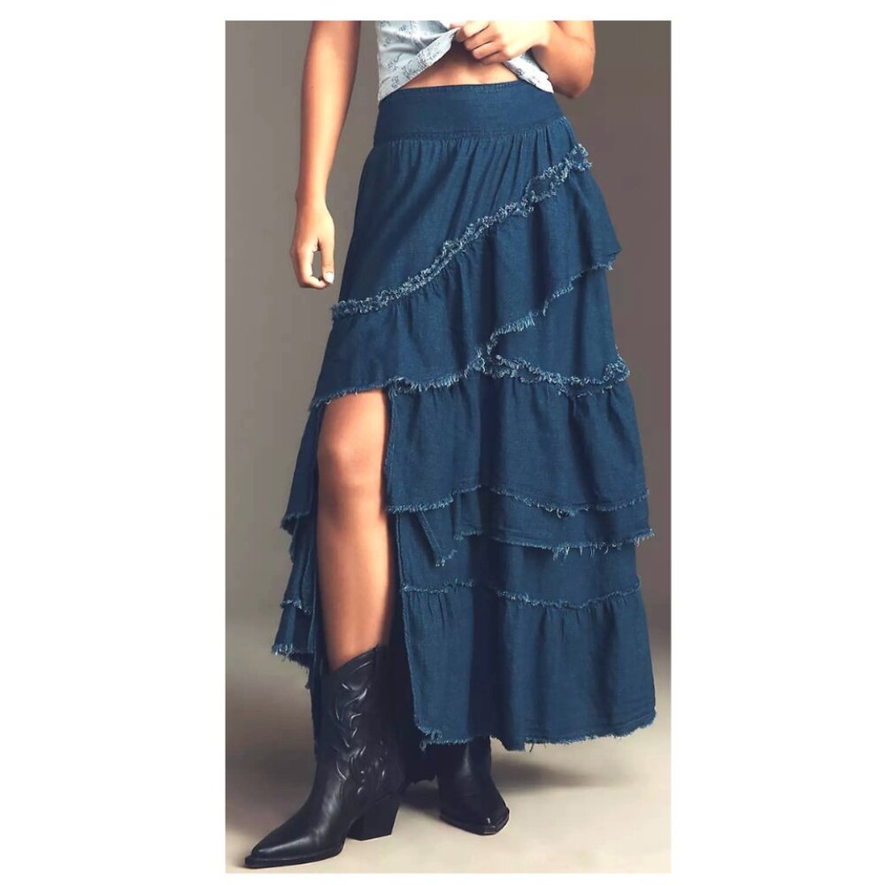 Pilcro Anthropologie Asymmetric Ruffled Tiered Dark Denim Maxi Skirt Size-L